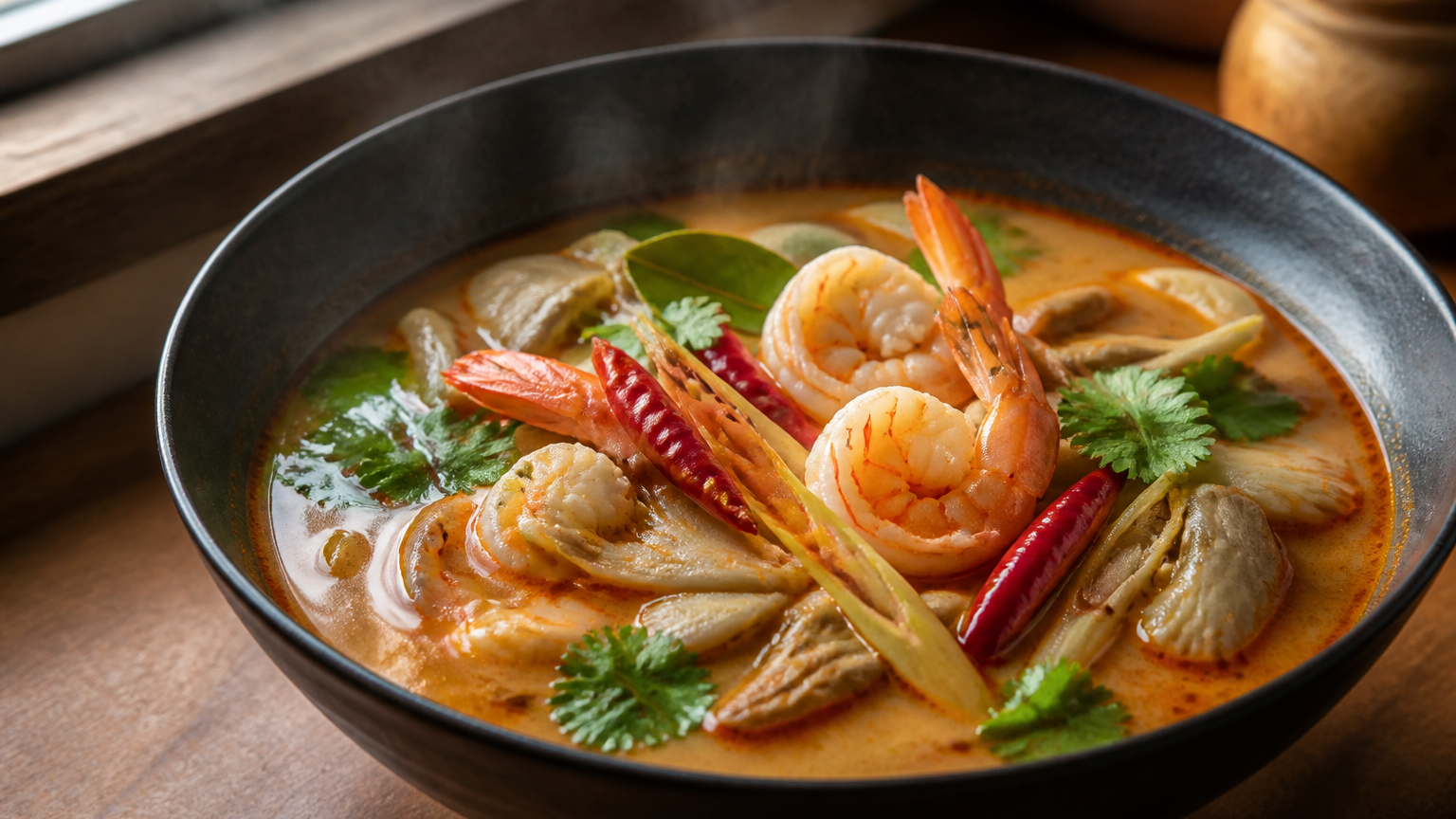 Cuenco de Tom Yum Goong tailandés con camarones, setas de ostra, chile, cilantro y caldo anaranjado cremoso