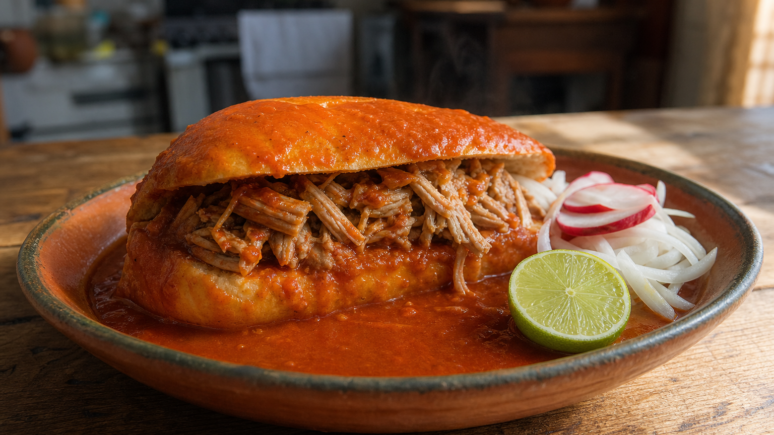 Torta ahogada de Guadalajara con carnitas, salsa roja de jitomate, cebolla y rábanos